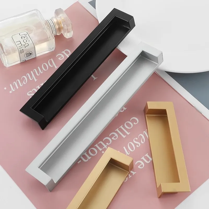 Embedded Hidden Cabinet Handles Matte Black Slot Install Longer Wardrobe Cupboard Pulls Modern Zinc Alloy Kitchen Accessories