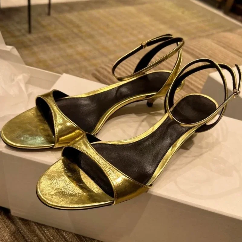 

Sexy Gold Kitten Heel Sandals Women Summer Open Toe Ankle Strap Dress Slide Shoes Elegant Wedding Bridal Shoes Pumps for Ladies