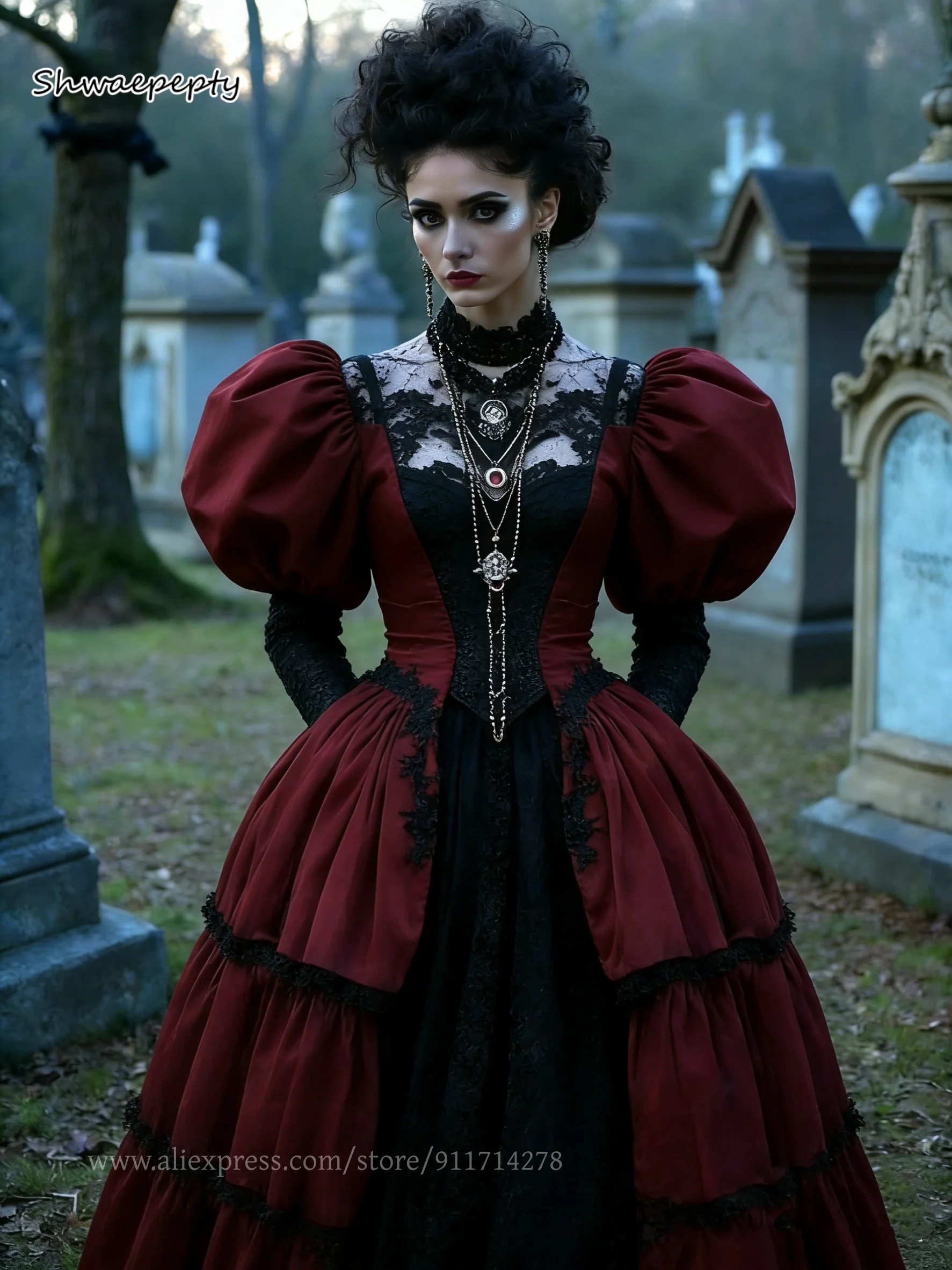 

Винтажное викторианское платье для выпускного вечера с пышными рукавами, черное и бордовое, в готическом стиле, для особых случаев, вечерние платья в стиле вампир, на заказ