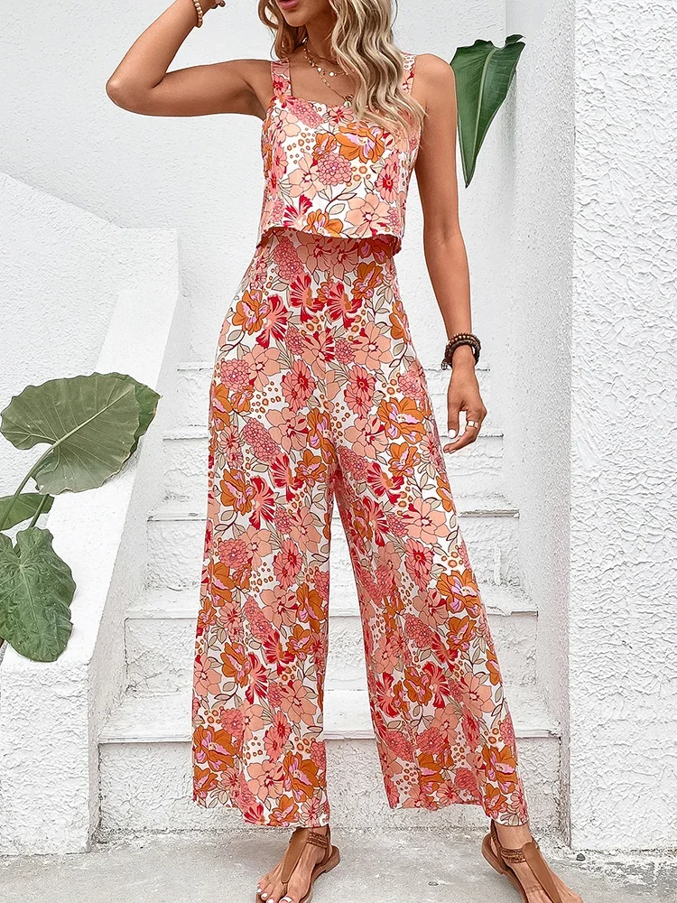 2024 Nieuwe Elegante Lange Jumpsuit Voor Dames, Sexy Jumpsuit Met Open Rug En Wijde Pijpen, Casual Mouwloze Bloemenjumpsuit Voor Zomerkleding