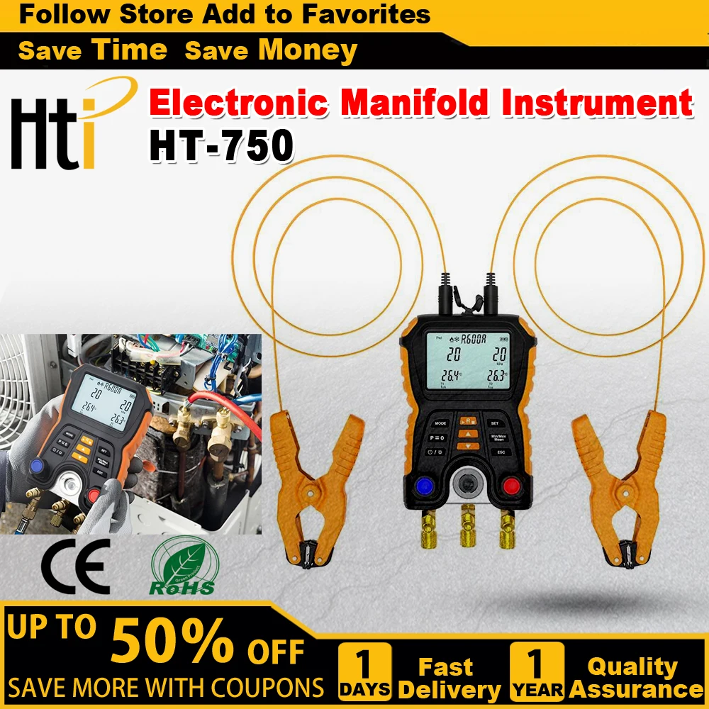 HTI HT-750 manometro digitale per collettore manometro per refrigerante Tester elettronico per temperatura di pressione rilevatore di perdite