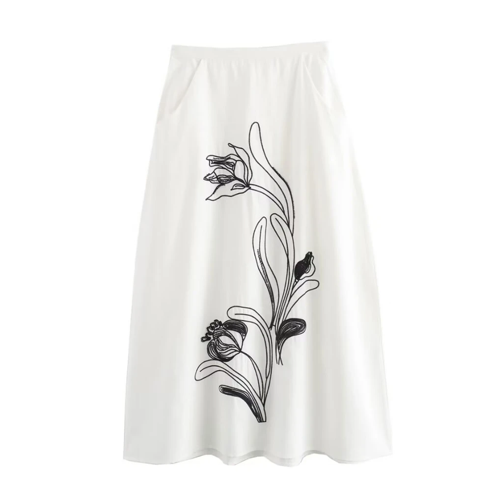 

PB&ZA Women's 2024 Summer New French Elegant Commuting Style Loose A-line Skirt Embroidered Contrast Color Half skirt