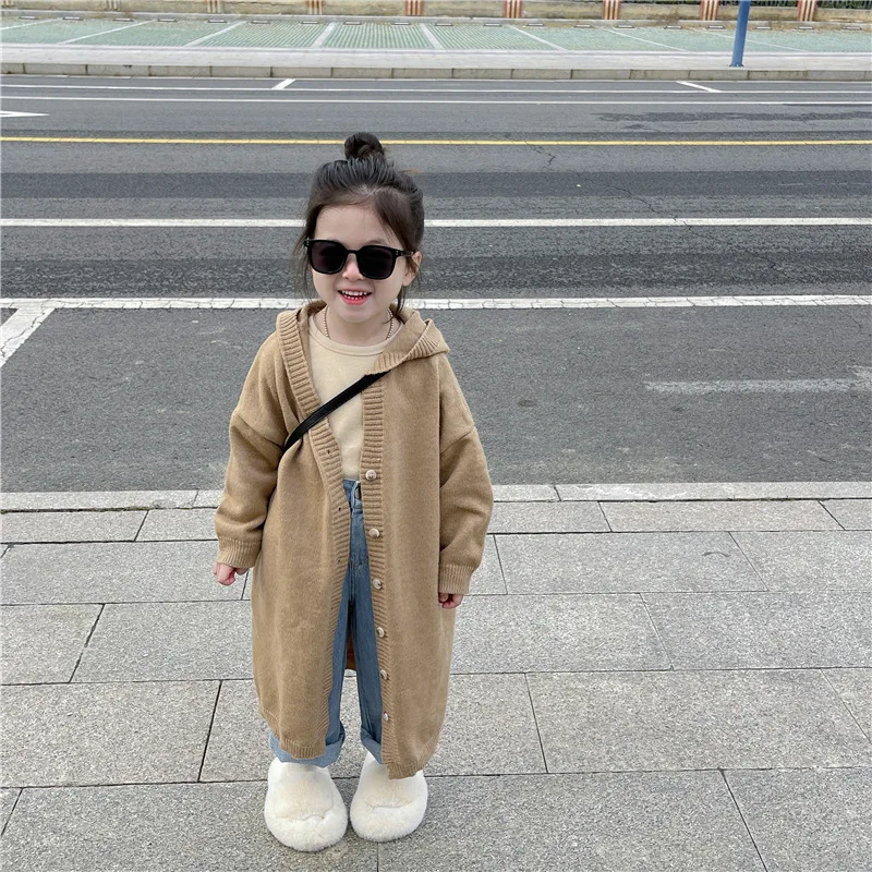 Girls Coat 2024 Autumn New Childrens Clothes Girls Baby Long Sleeve Coffee Color Hooded Sweater Wool Coat Casual Simple Daily