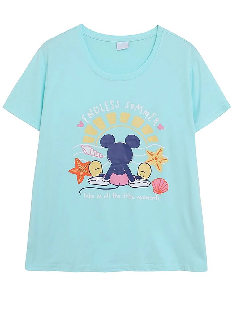 

Disney Mickey Mouse Cartoon Print T-Shirt Casual Summer Women Short Sleeve O-Neck Pullover Loose Tee Tops Blue Streetwear Female