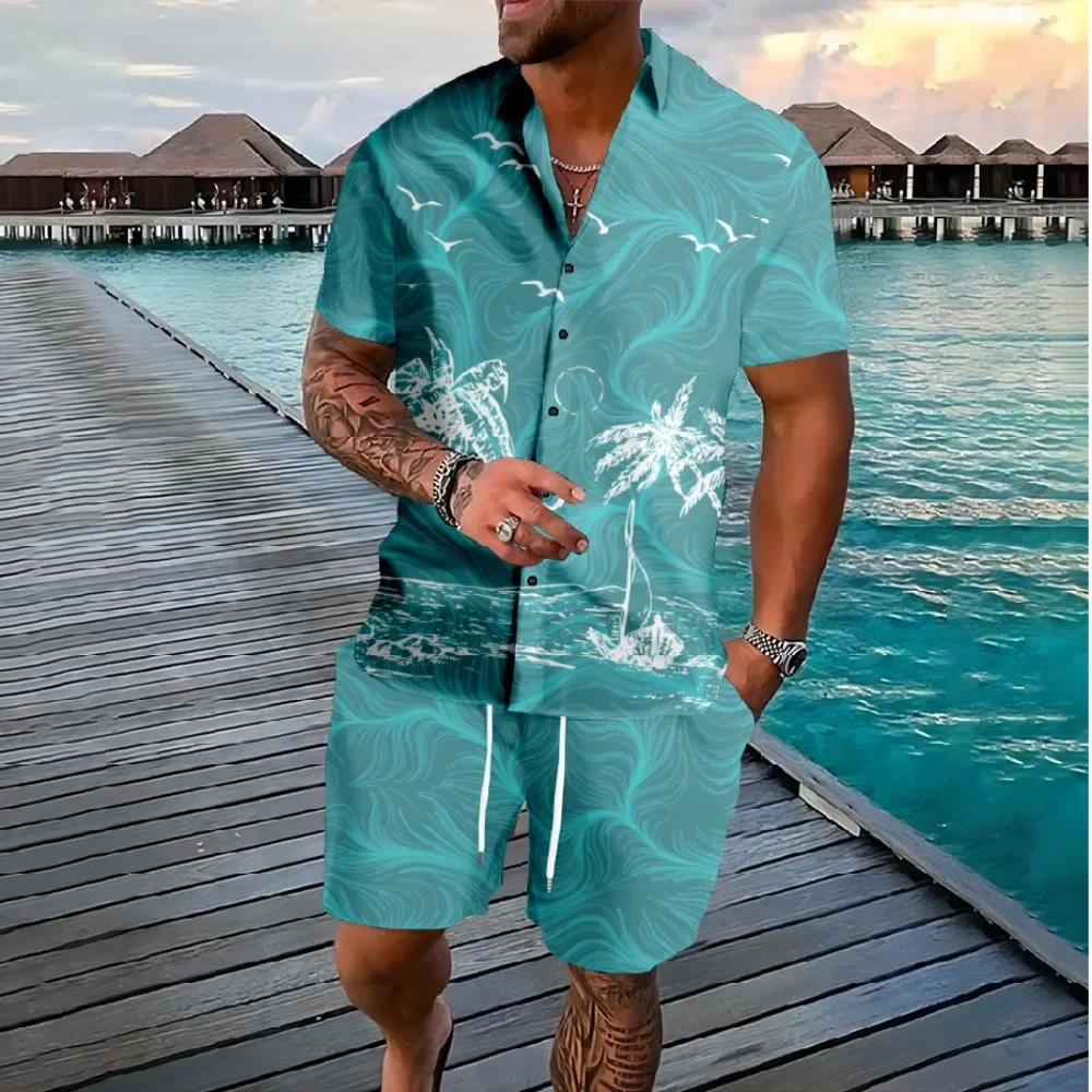 Hawaii Palme Knopf Hemden Shorts Trainings anzüge Sommer Strand 2 Stück Sets coole Hipster Streetwear lässige Männer Kleidung