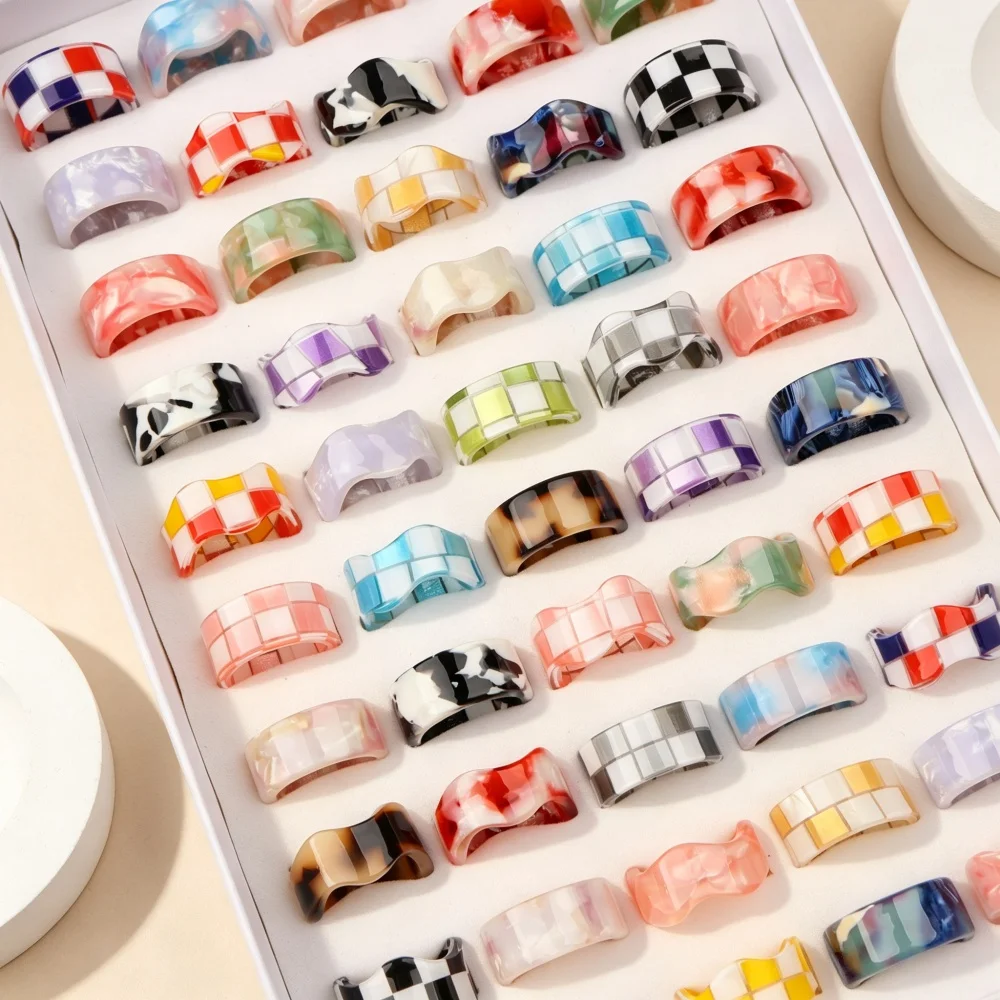 10/20/50Pcs Y2K Vintage Checkerboard Resin Wave Wide Rings For Women Geometric Stackable Mix Fashion Jewelry Daily Party Gifts