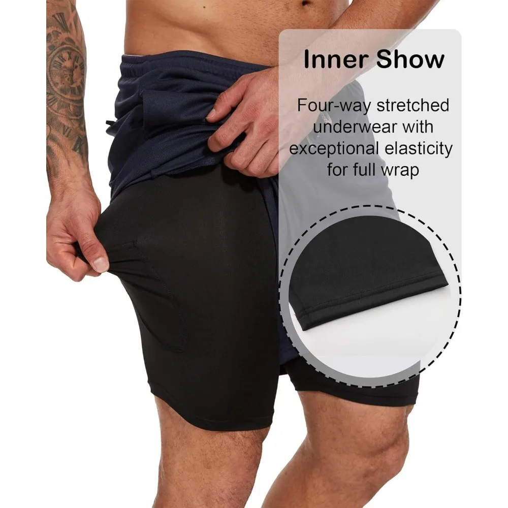 남성용 2-in-1 러닝 반바지, 속건성 스포츠 및 피트니스 반바지, 스포츠 반바지 남성 의류 농구 반바지