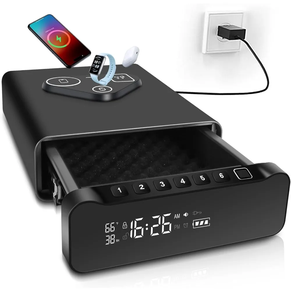 

Fingerprint Biometric Gun Safe, Clock Handgun Safe with 3-in-1 Watch & Phone Wireless Charging, Drawer Lock for Hand guns, Cash,