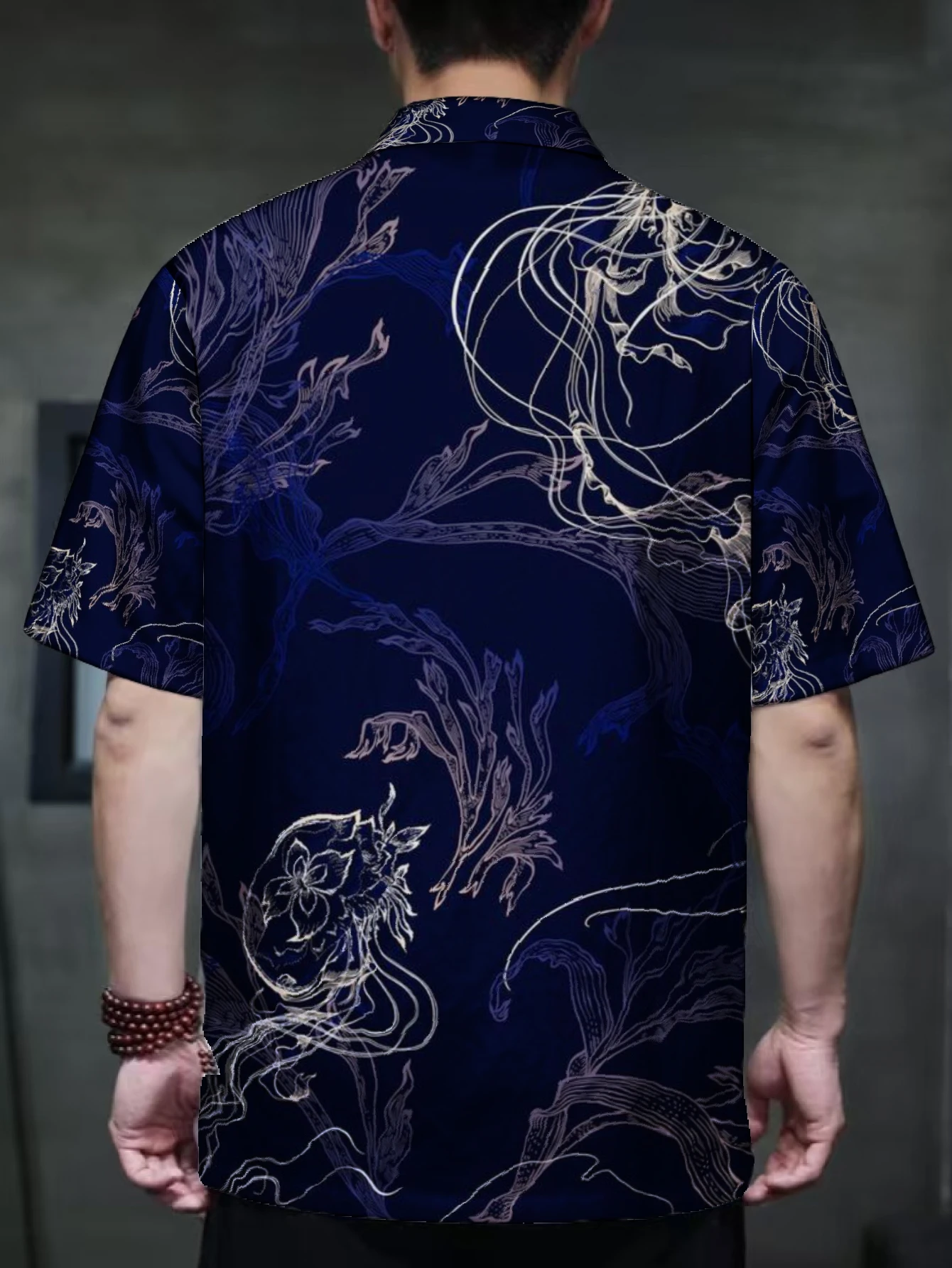 Men Chinese Tang Suit Short Sleeve Shirt Traditional Frog Button Stand Collar Art Abstract Print Loose Casual Vintage Ethnic Top