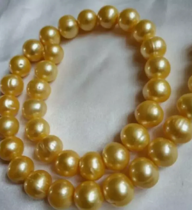 

AAA+11-12mm Real natural south sea gold baroque pearl necklace 14kp gold 20"