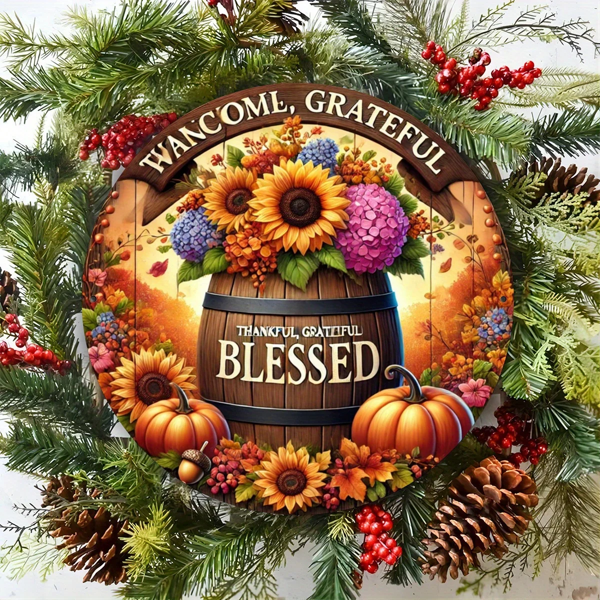 Rustic Iron Decorative Sign - 'Thankful, Grateful, Blessed' with Hydrangea and Sunflower Design - 7.87x7.87 Inches Wall Decor fo