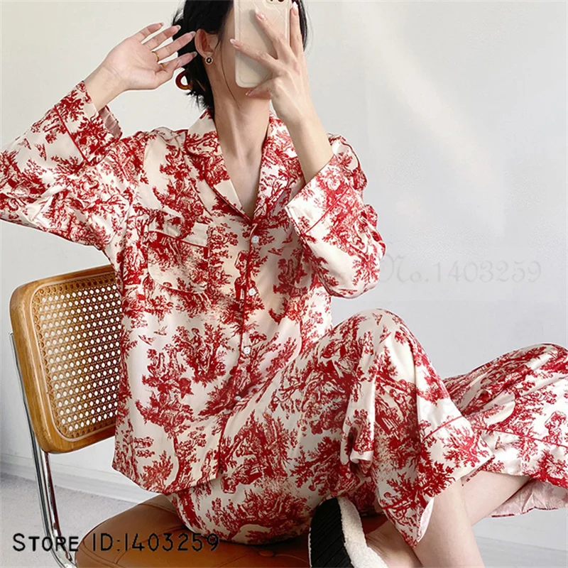 Women 2PCS Pajamas Set Spring Summer Satin Sleepwear Long Sleeve Trouser Suits Nightwear Loose Print Home Clothes Lounge Wear