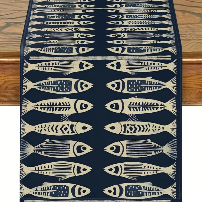 Navy Blue & White Fish Scale Linen Table Runner - Nautical Marine Theme Table Decor for Dining & Balcony