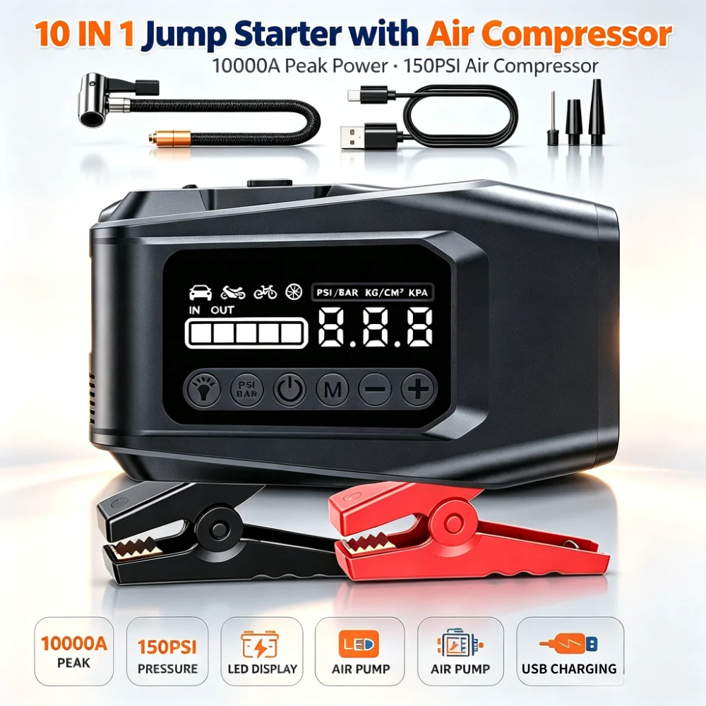 8000A Peak Jump Starter 12V with 150PSI Air Pump, 10-in-1 Car Emergency Power Pack with LED Light Fit 9.0L Gas / 6.5L Diesel Car