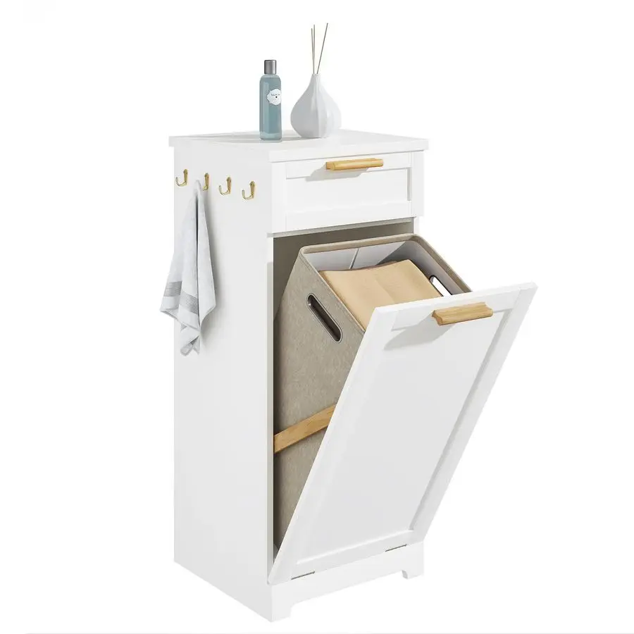 

Tilt Out Laundry Hamper, 35 Bathroom Cabinet with Hidden Removable Basket, 1 Drawer and 4 Side Hooks for Storage, White
