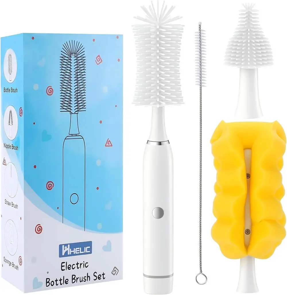 Electric baby bottle brush with rechargeable electric bottle brush cleaner and silicone bottle brush and pipette brush cleaner