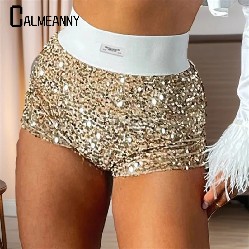 Calça curta de lantejoulas feminina, cintura alta, mini glitter, sexy e fina, shorts versáteis, moda na moda, novo estilo, verão Y2K, 2023