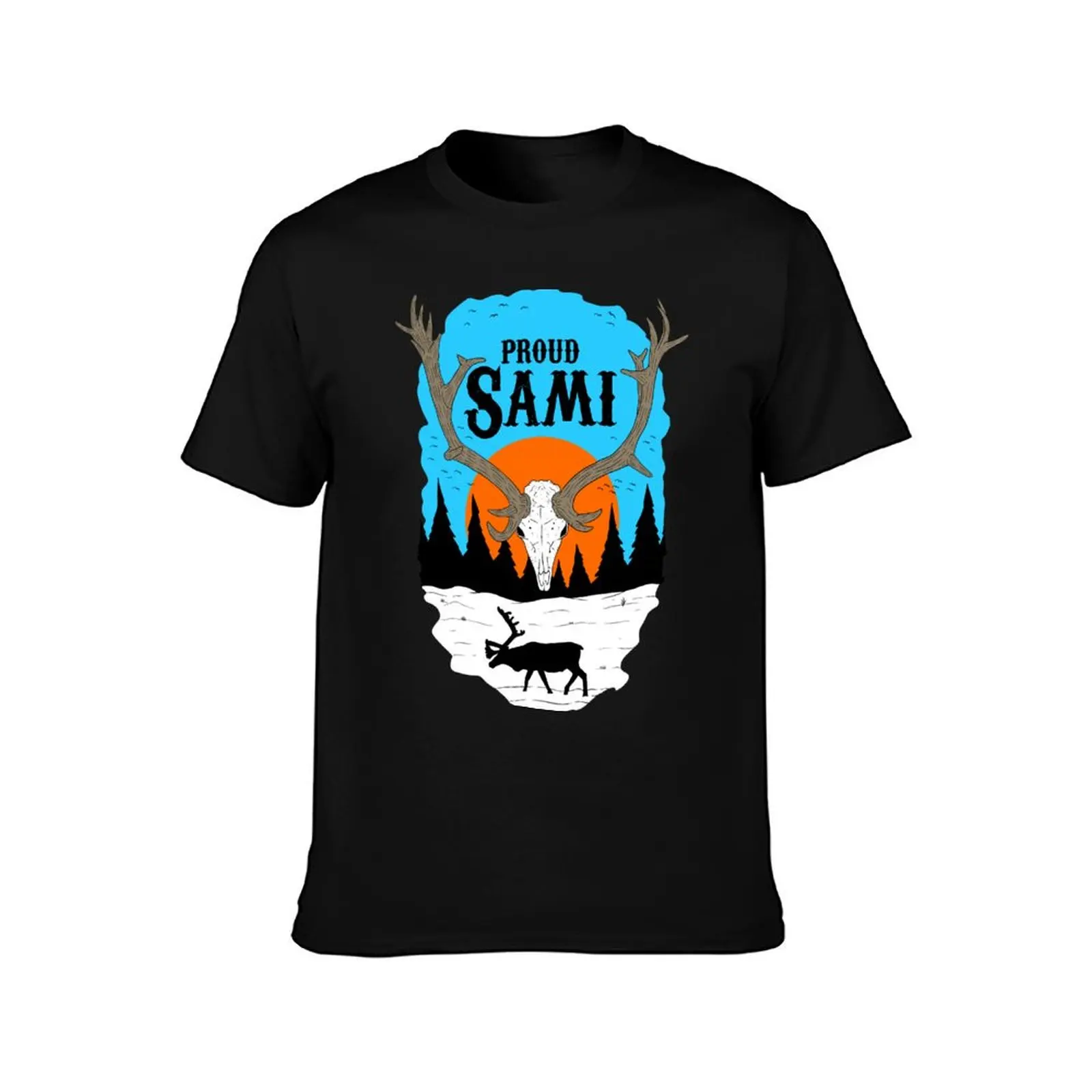 Proud Sami. reindeer skull with snowy landscape. T-Shirt Retro Graphic Print T-Shirt