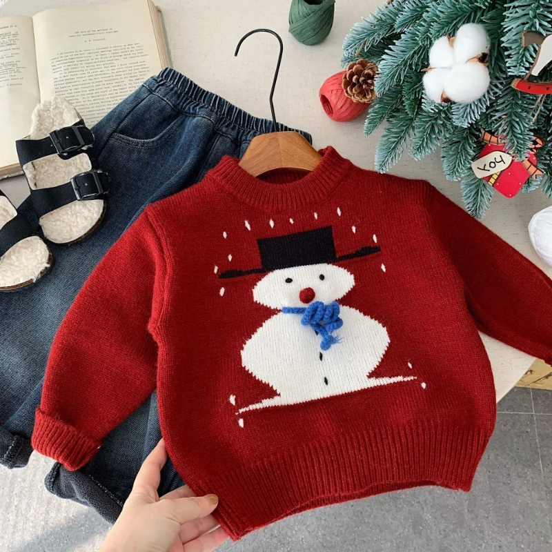 2025 Winter New Children's Festival Atmosphere Thickened Snowman Pattern Warm Sweater