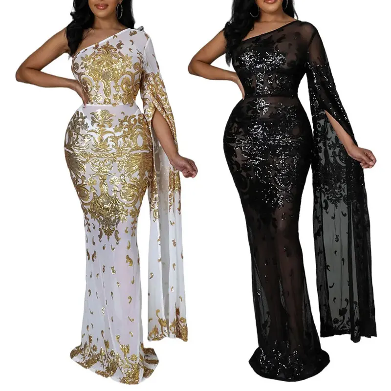 

Black Evening Dresses Mermaid Puffy Split Long SleevesSatin Formal Party SequinedProm Gowns Pleats New Designer Celebrity Dress