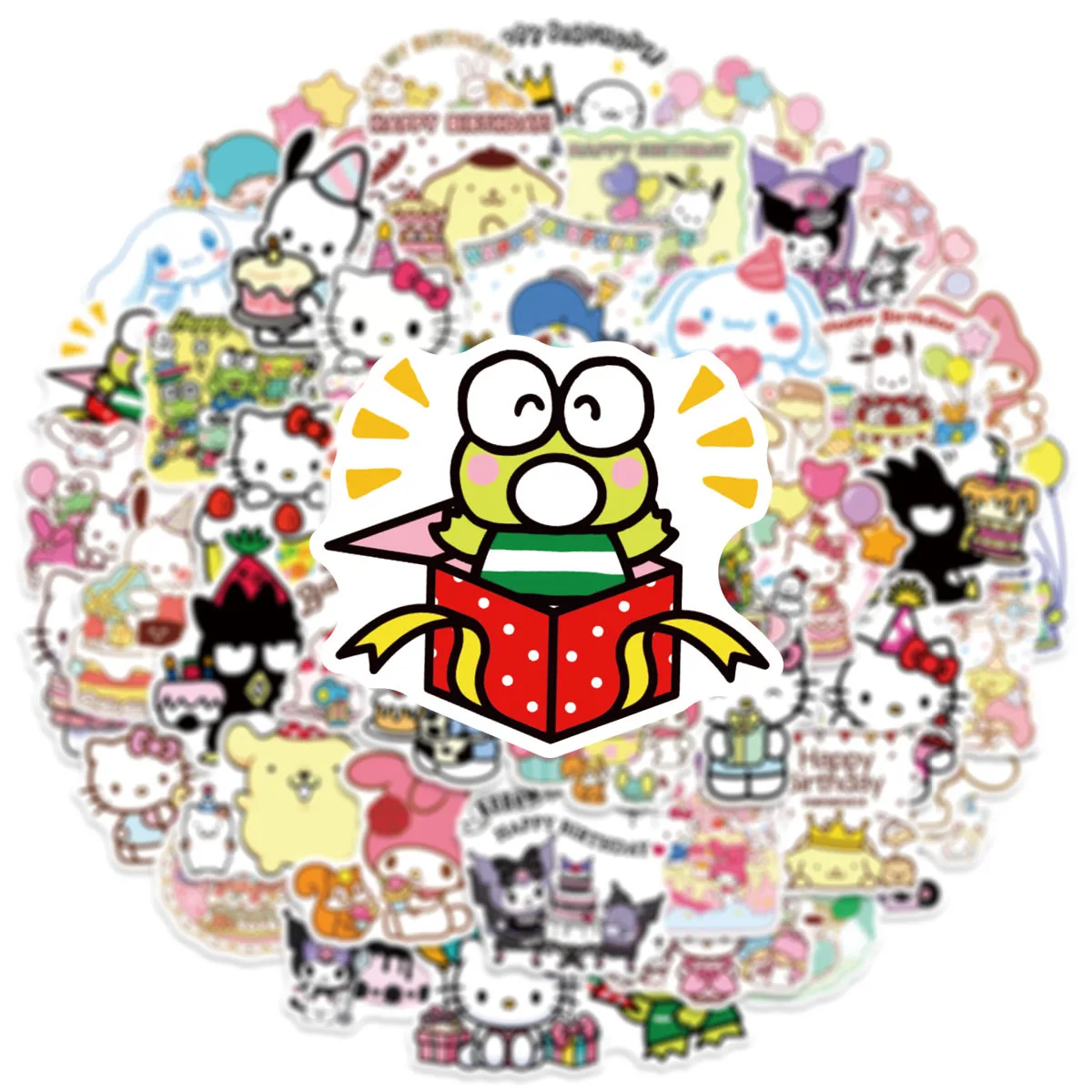 50Pcs 생일 에디션 Sanrio 스티커 생일 파티 선물 상자 기타 스케이트 보드 수하물 장식 방수 스티커