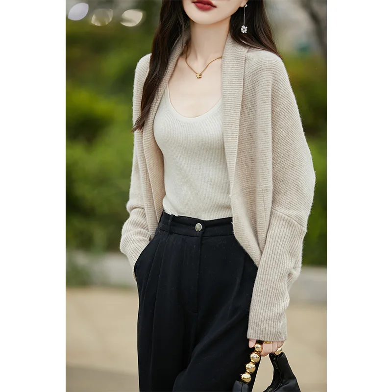 Autumn Winter Women's Cardigan Long Sleeved Buttonless Warm French Fashion Solid Color Long Sleeved Knitted Wool Shawl Top