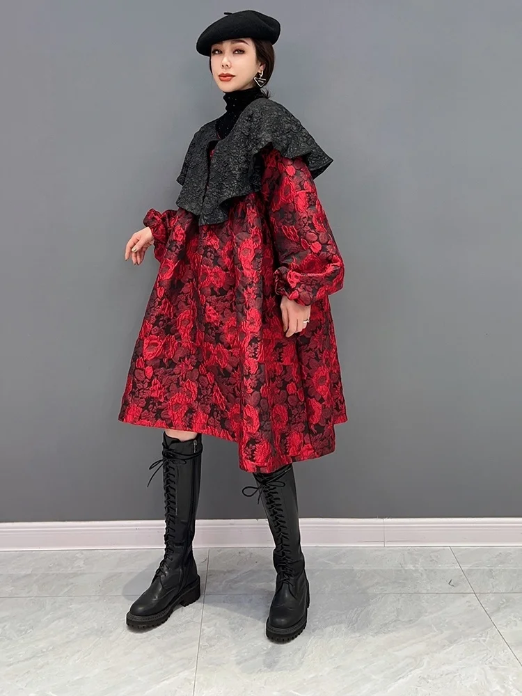 Vefadisa 2024 Autumn New Red Vintage Printed Women Dress Peter Pan Collar Lantern Sleeve Loose Cute Mid-length Dress ZXY764A