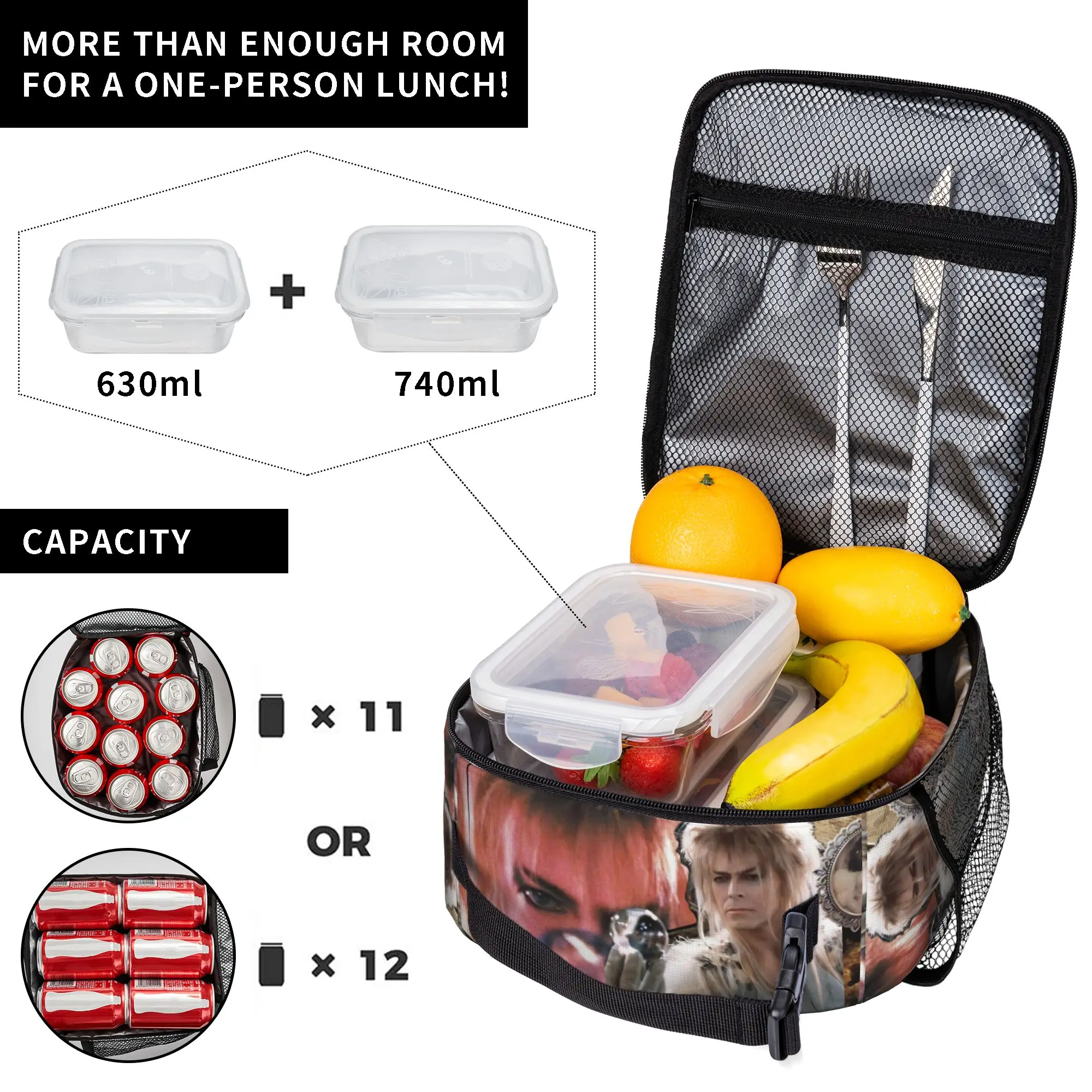 Labyrinthes Jareth the-Goblin-King Insulated Lunch Tote Bag Travel Classic Movie Leakproof Thermal Cooler Large Size Food Bag