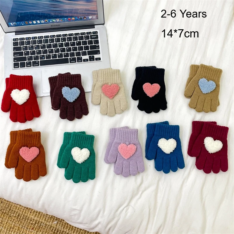 Kinder-Winterhandschuhe, 2–6 Jahre, gestrickt, warm, fünf Finger-Herzmuster, kältebeständig, niedlich, verdickt, für Kinder, Jungen, Mädchen