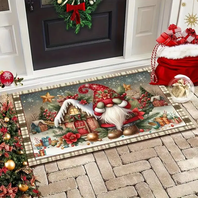 VIKAMA Christmas Gnome Doormat Plaid Border Cottage Tree Star Gift, Rectangular Front Door Mat, Non Slip Absorbent, Xmas Decor