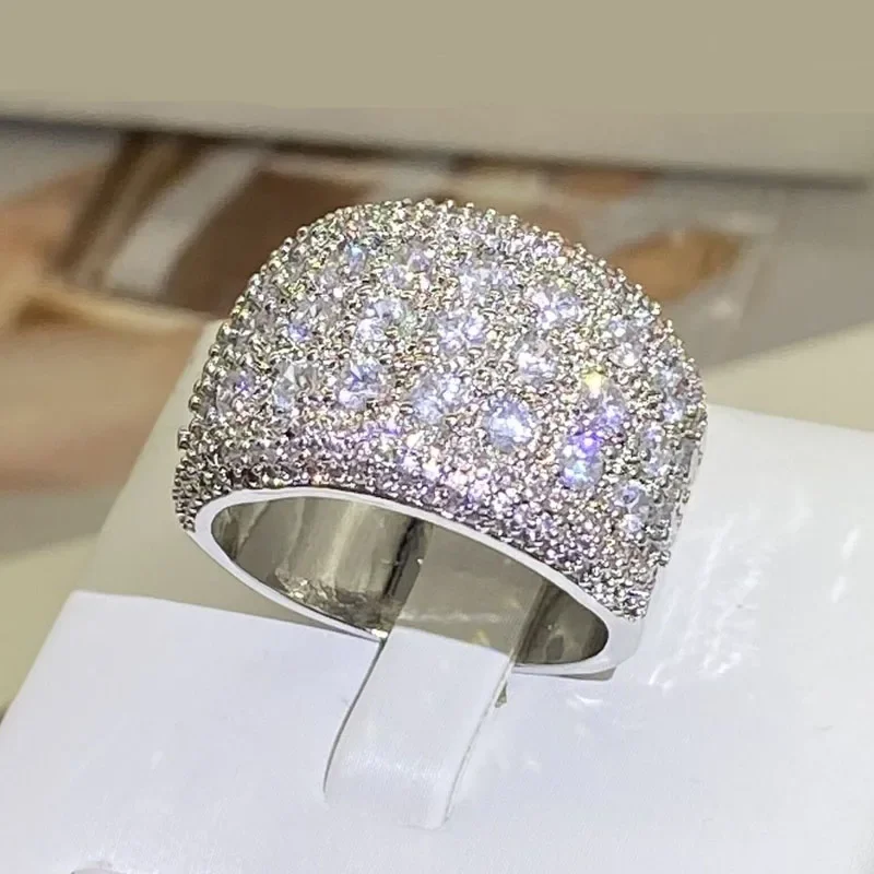 Wide Closely Inlaid Cubic Zirconia Sterling Silver Jewelry Wedding Trendy Engagement Party 925 Ring Gift Domineering Ringen