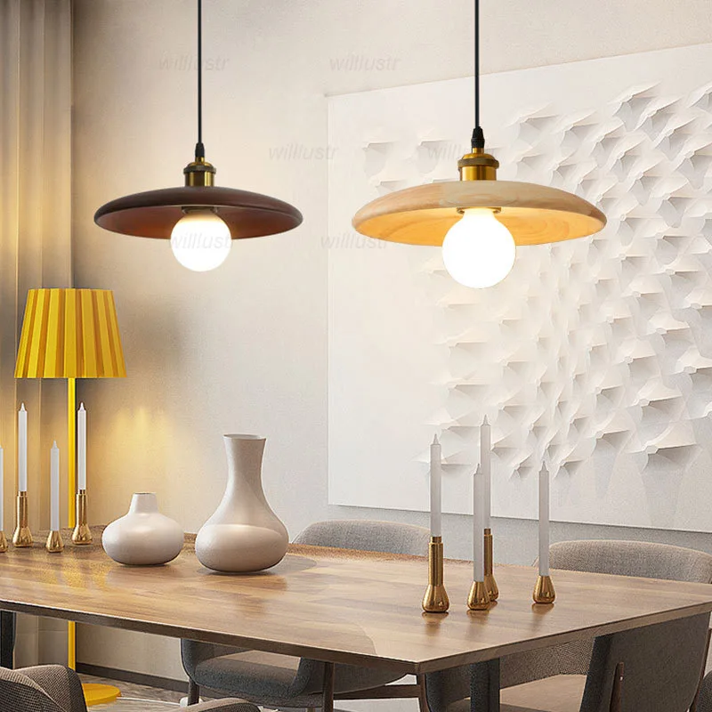 

Walnut Color Wooden Pendant Lamp UFO Suspension Light Tea Room Bar Cafe Bedside Retro Solid Wood Hanging Ceiling Chandelier