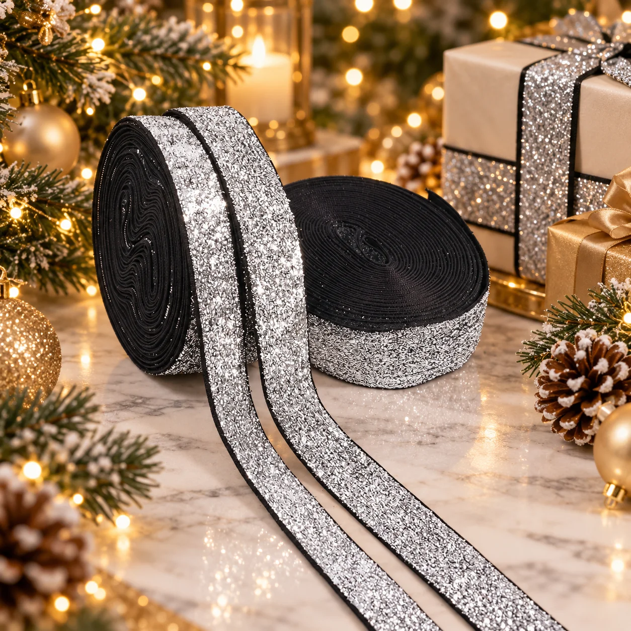 Christmas Silver Glitter Ribbon Sparkly Christmas Ribbon for Xmas Tree Bow Gift Wrapping Holiday Party DIY Crafts Decoration