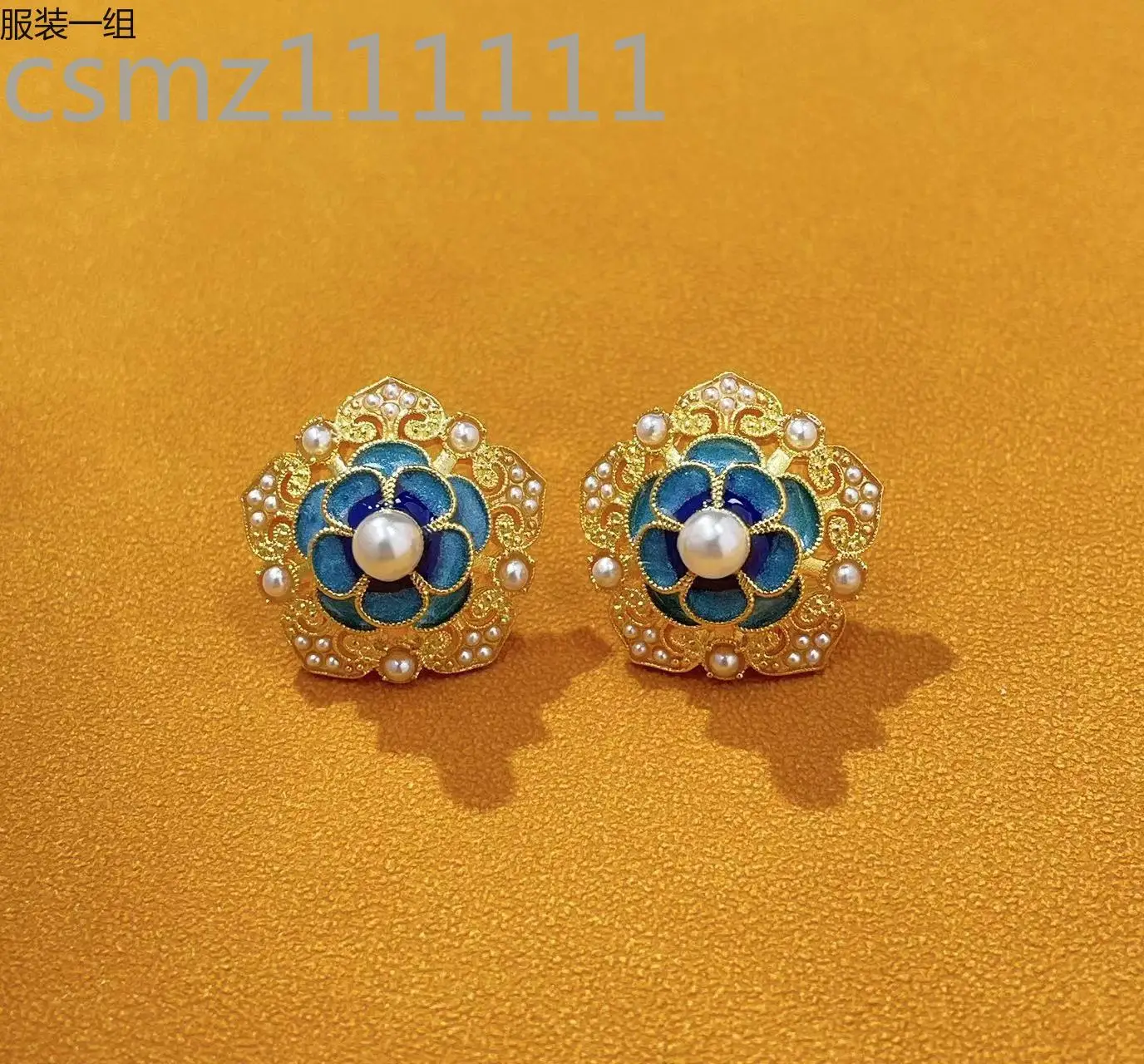 Guochao Gold-plated Hand-welded Enamel Color Craft Inlaid Millet Pearl Flower Stud Earrings Hanfu Accessories Daily