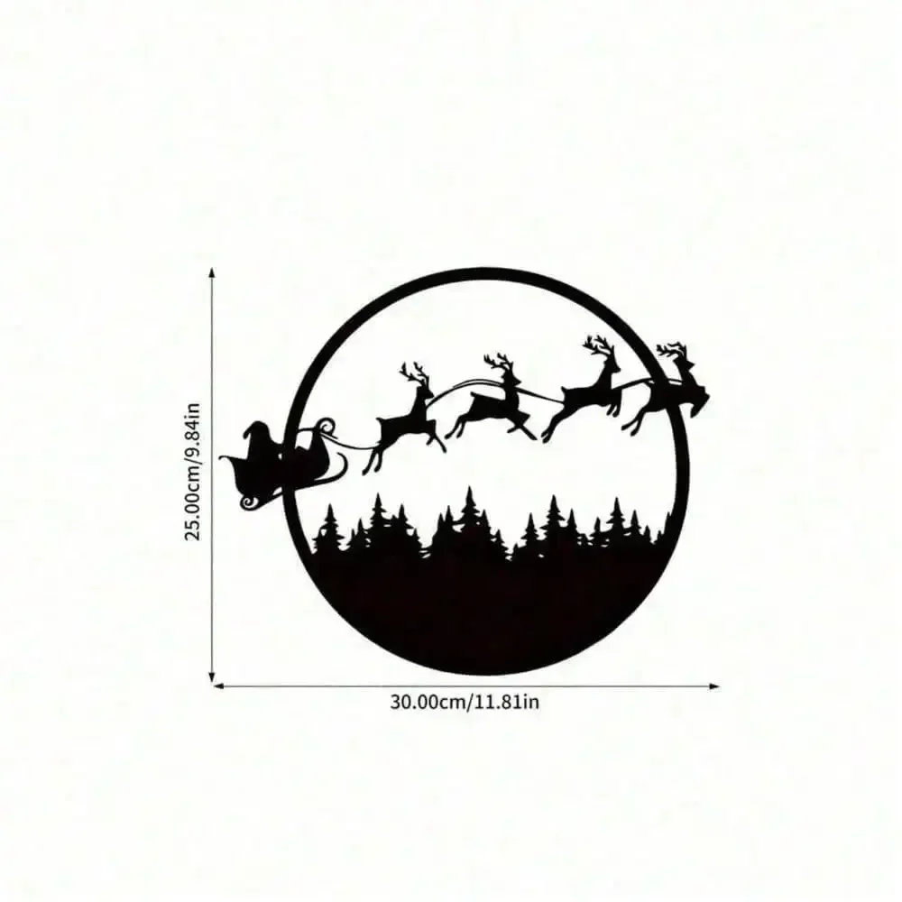 CIFBUY 1pc Round Santa Sleigh Reindeer Pine Tree Metal Wall Art,2D Flat Laser Cut Silhouette,Iron Christmas Hanging Decor