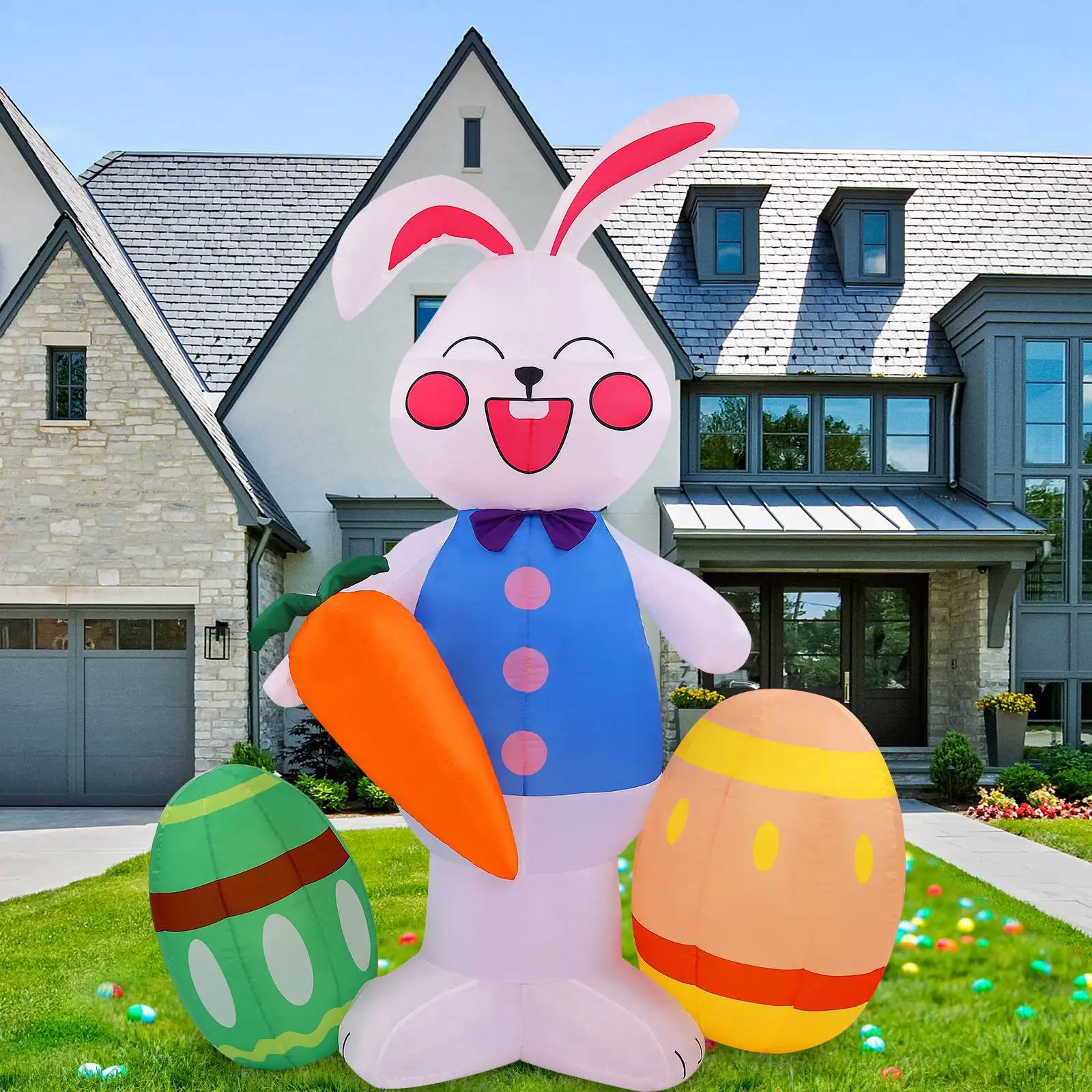 6 FT Lighted Easter Inflatable Bunny Holding Carrot Eggs Outdoor Indoor Easter Inflatable Holiday Decor Yard Lawn Inflatables