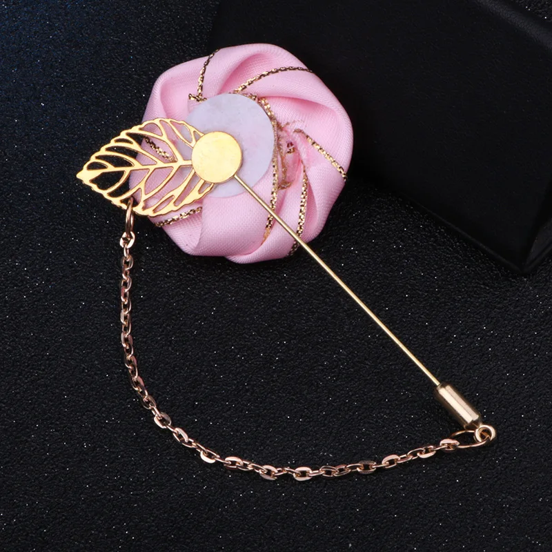 Ceremony Wedding Prom Corsage Flower Polyester Rose Bride Groom Flowers Fake Gold Chain Brooch Pins Artificial Flower Buttonhole image 5