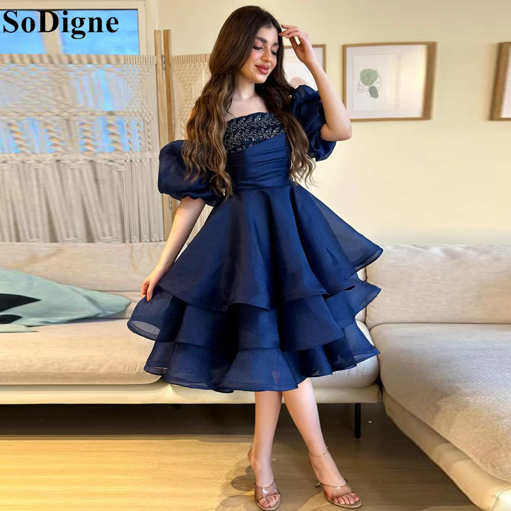 

SoDigne Elegant Evening Dresses Off Shoulder A-Line Tiered Beading Appliques Puff Sleeves Cocktail Dress Knee Length Prom Gowns