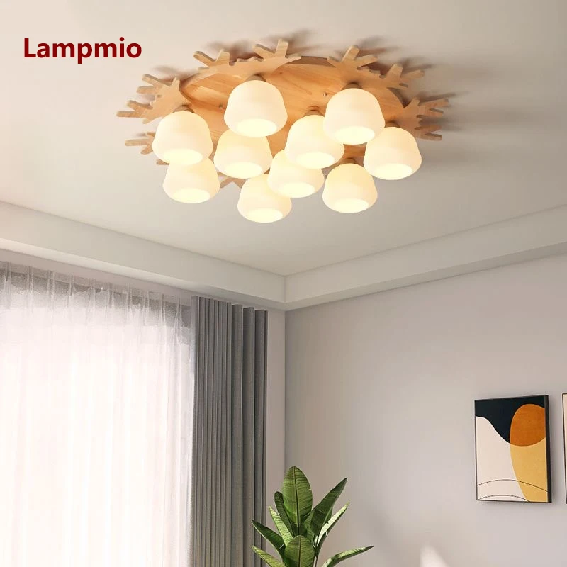 

BOTIMI Solid Wood Chandelier For Living Room White Glass Lampshades Ceiling Mounted Chandeliers Bedroom Lighting