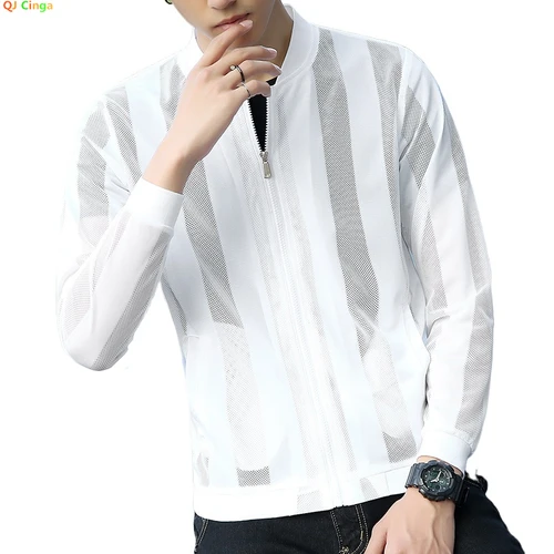 남성용 화이트 할로우 재킷, 긴 소매 줄무늬 자외선 차단 코트, 블랙 라이트 얇은 탑 재킷, 통기성, 빠른 건조, 여름 