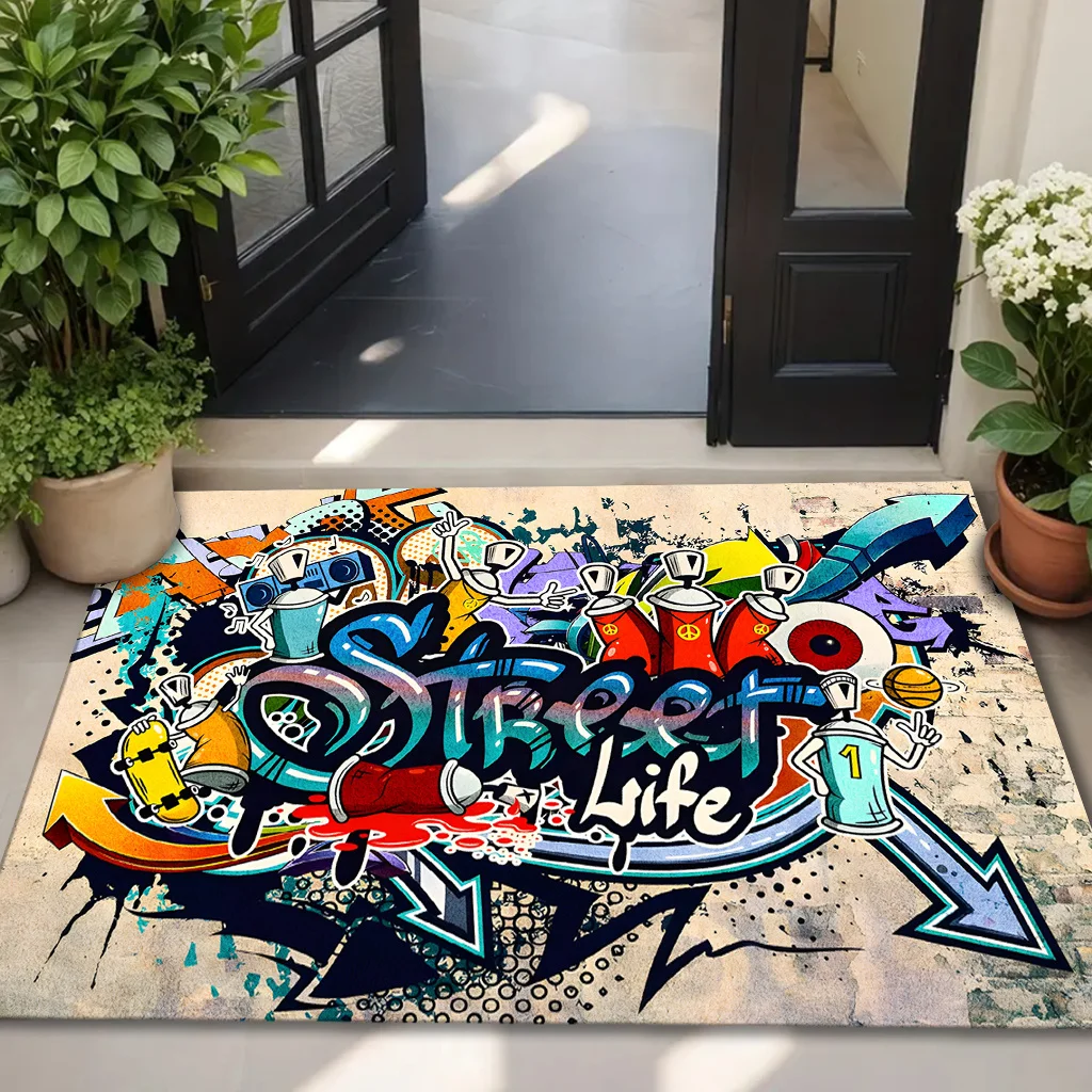 Street Graffiti Door Mat, Urban Art Spray Paint Floor Rug Colorful Hip Hop Welcome Carpet Non-slip Home Entrance Decor for Teens