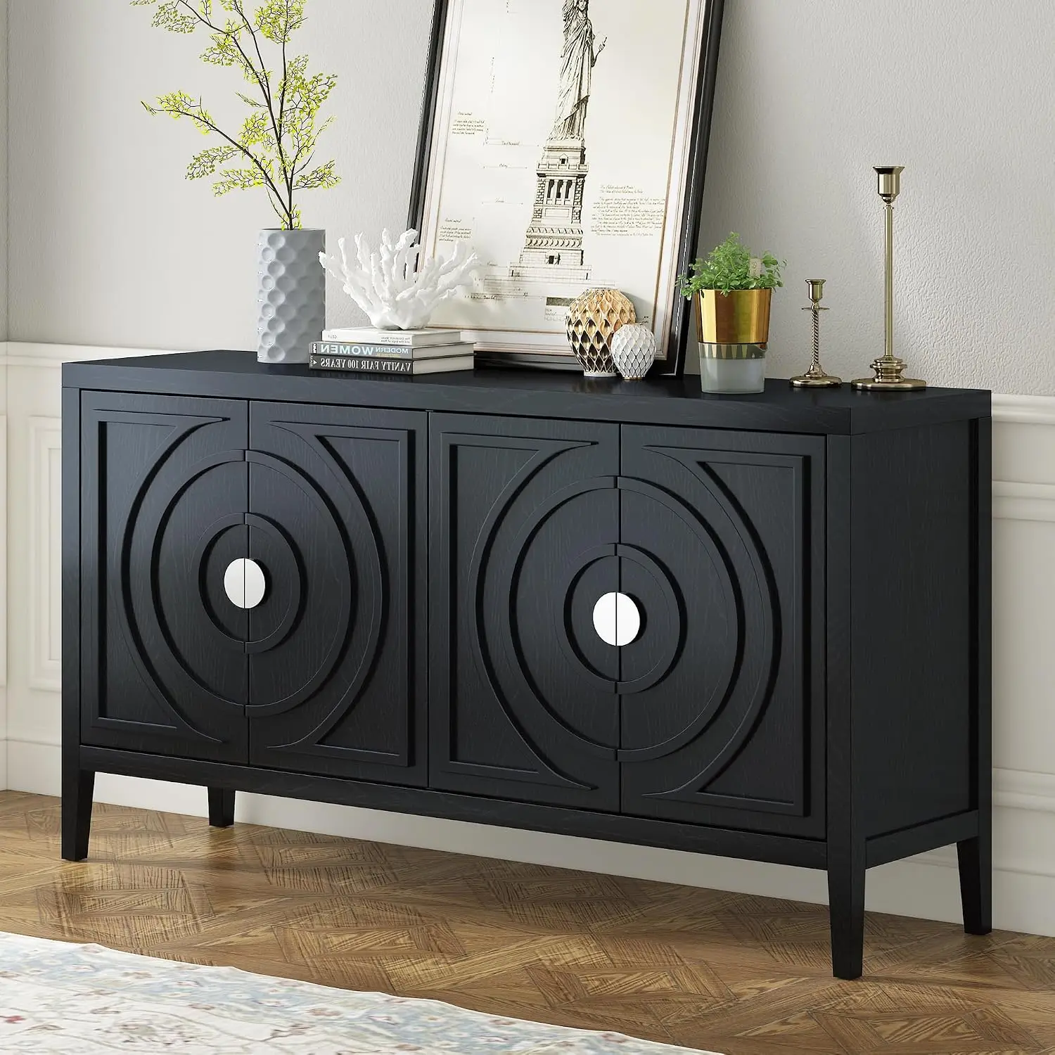 Retro Sideboard Cabinet for Entrance Dining & Living Room 4 Doors Circular Groove Metal Handle 60