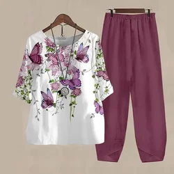 Ladies Elegant Vintage Suit Butterfly Print White Two Piece Set Casual Female Loose Outfits O Neck Short Sleeve Shirt With Pants