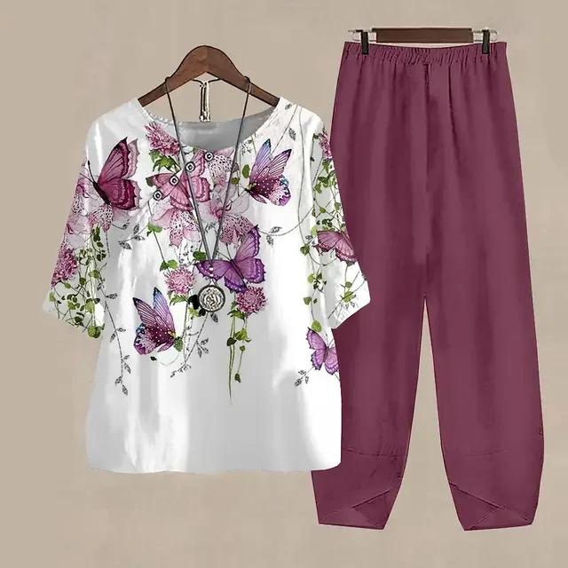 Elegancki damski garnitur w stylu vintage z nadrukiem motyla Biały dwuczęściowy zestaw Casualowe luźne stroje damskie Koszula z krótkim rękawem i spodniami O Neck