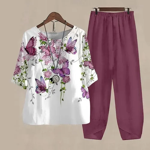 Imagen 1 del producto Traje Vintage elegante para mujer, conjunto de dos piezas blanco con estampado de mariposa, trajes sueltos informales para mujer, camisa de manga corta con cuello redondo y pantalones