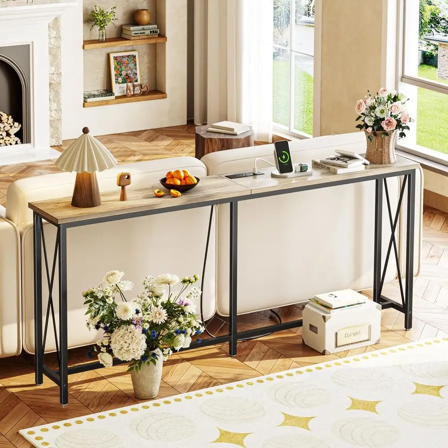 

70 Inch Console Table with Outlets and USBC Port, Extra Long Behind Couch Sofa Table with XShaped Design, Narrow for Entryway,