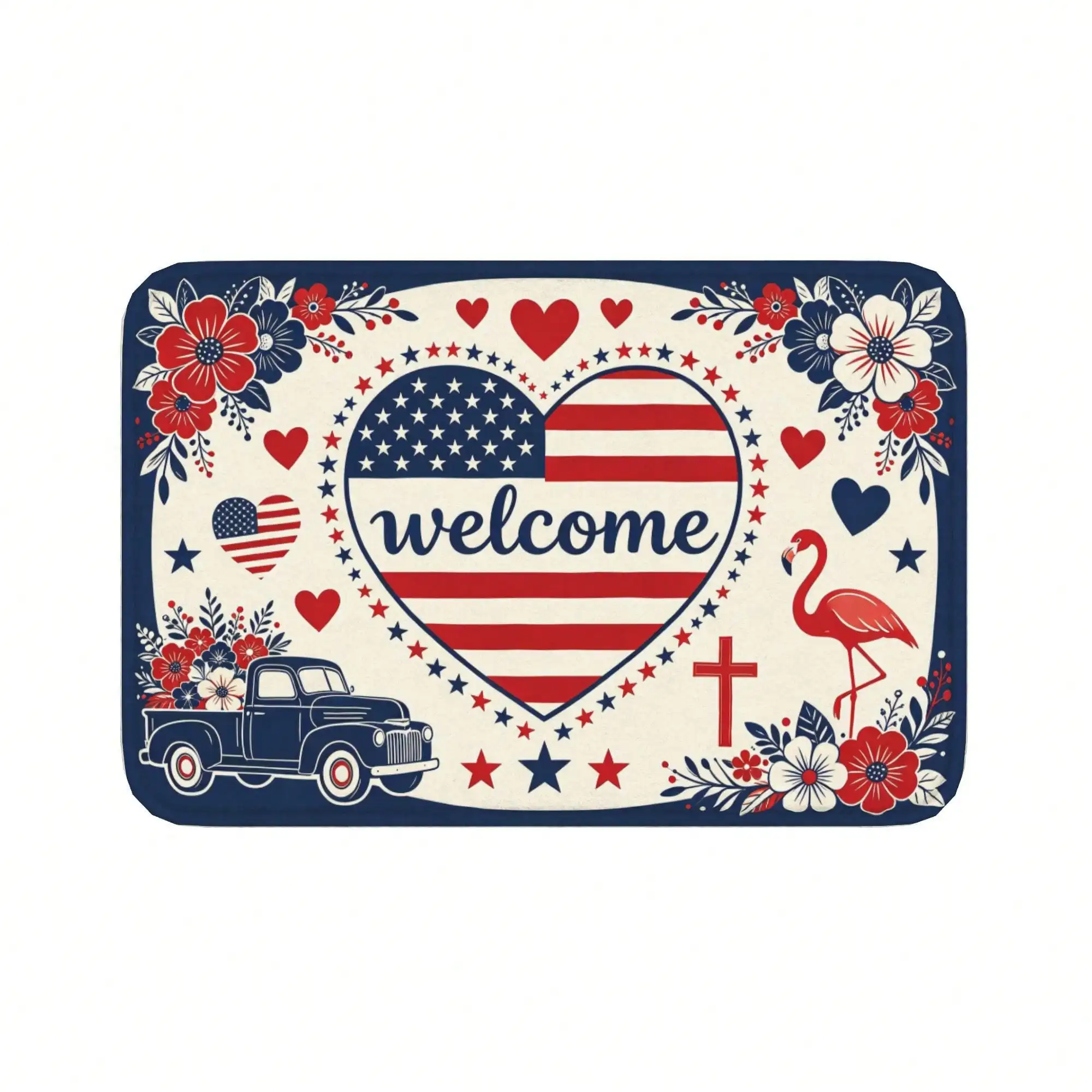 1PC 2D Flat Vintage Patriotic Welcome FLora Blue Soft Thick Flannel Area Rug, Cozy Plush Anti-Slip Floor Carpet, Washable Foldable Wear Resistant Flannel Floor