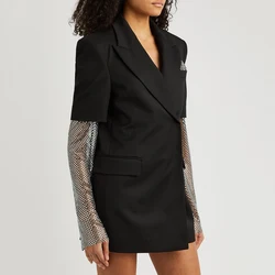 Giacca da donna con maniche a rete con diamanti tempestati lucidi, cappotto primaverile, Splicing, peplo temperamento, Top in misto lana, nuova moda, Y2k,2024