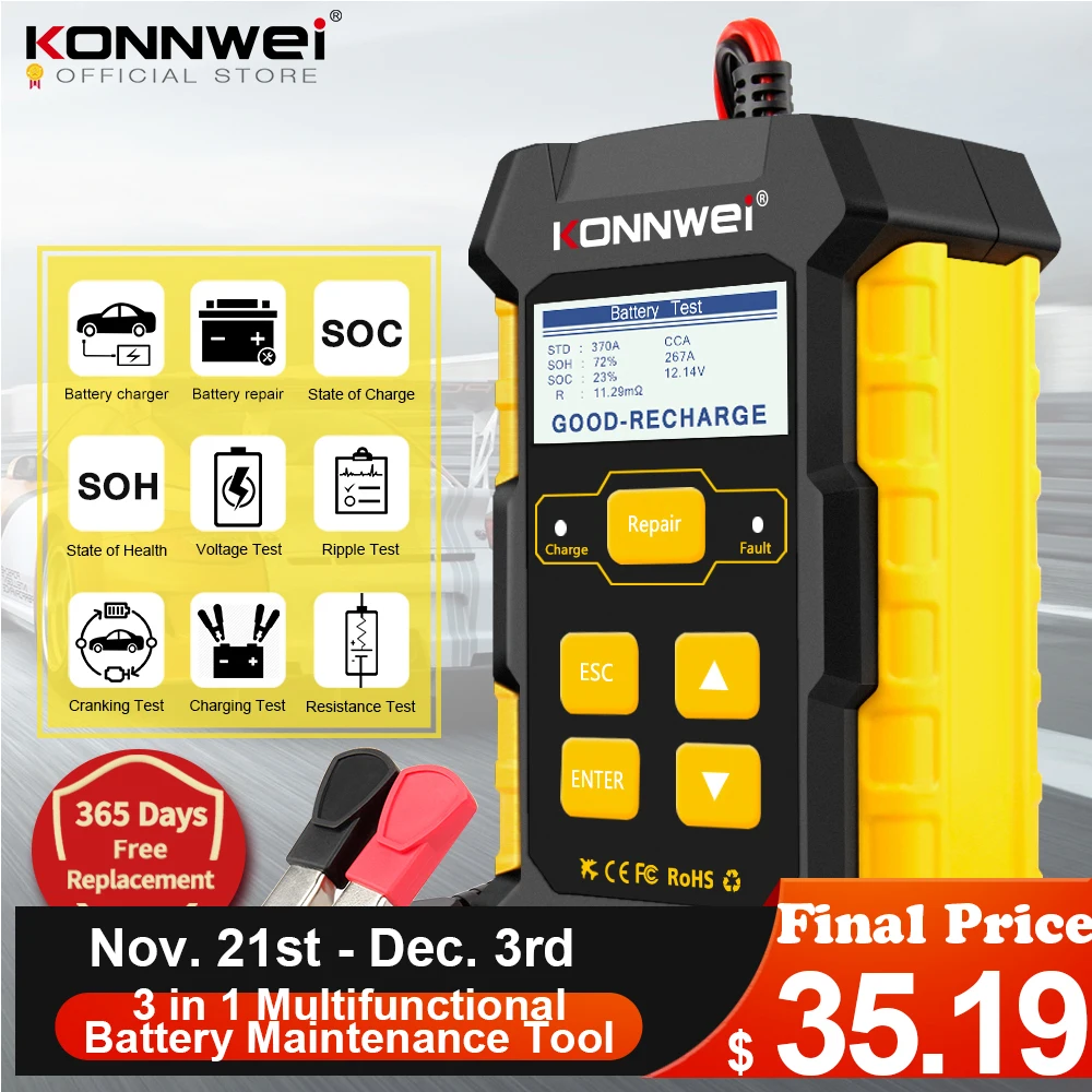 KONNWEI KW510 Full Automatic  12V Car Battery Tester Pulse Repair 5A Battery Chargers Wet Dry AGM Gel Lead Acid Car Repair Tool