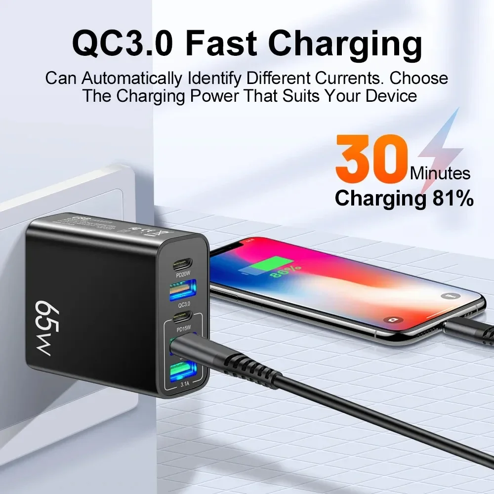 65W 5 Ports USB Charger PD Type C Fast Charging Charger Power Adapter Quick Charge Multi Ports USB C EU/US/UK Plug Wall Charger
